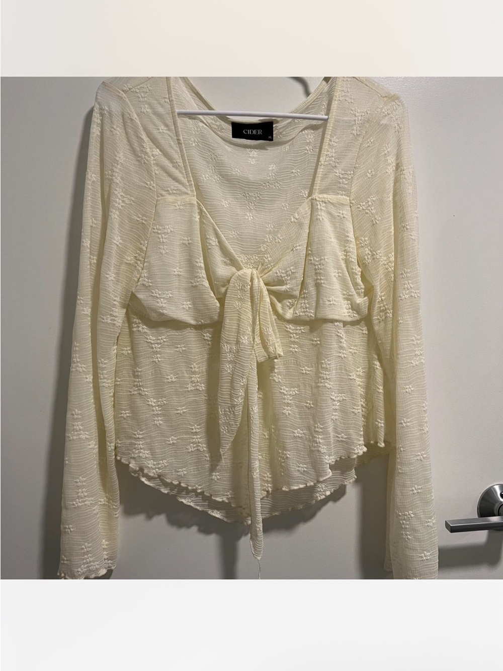 Cider Cream Tie-Front Lace Textured Long Sleeve Blouse